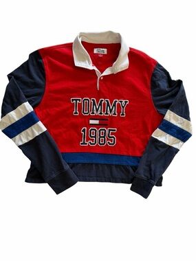 Vintage Tommy Hilfiger Red, Navy and White 'TOMMY 1985' Rugby Shirt Size M